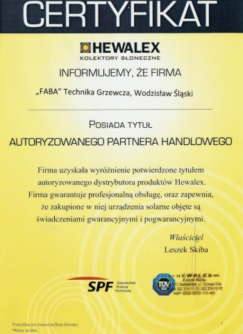 Hewalex certificate for the partner