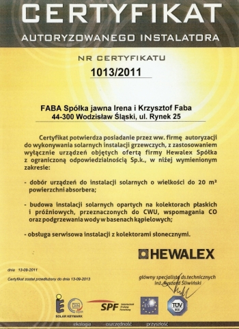 Hewalex certificate for installations