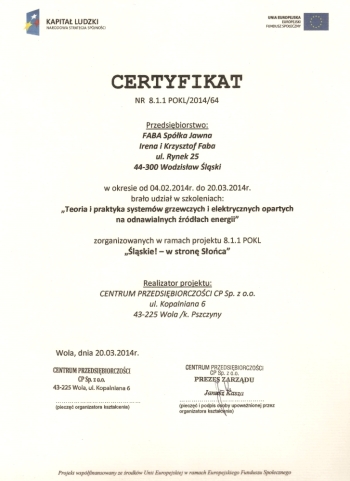 EU certificate for participation in the course