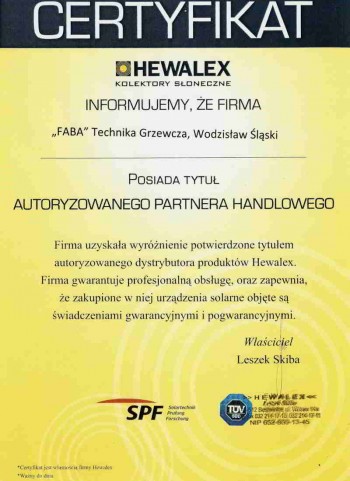 certyfikat Hewalex